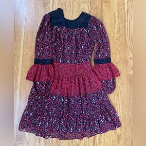 MICHAEL Michael Kors Red and Black Floral Tiered Long-Sleeve Dress